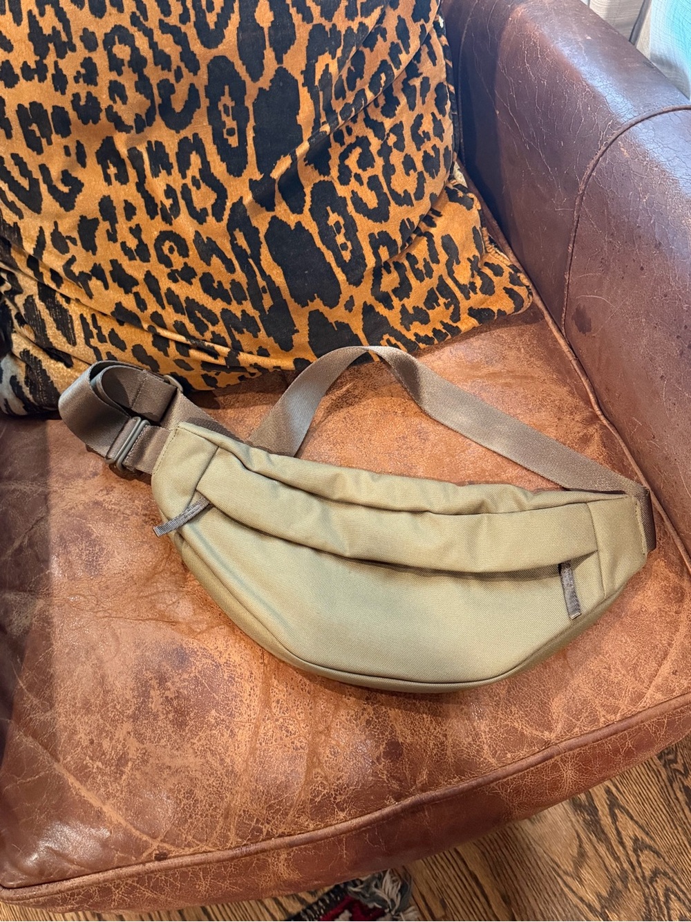 Everlane olive green canvas sling bag with brown strap